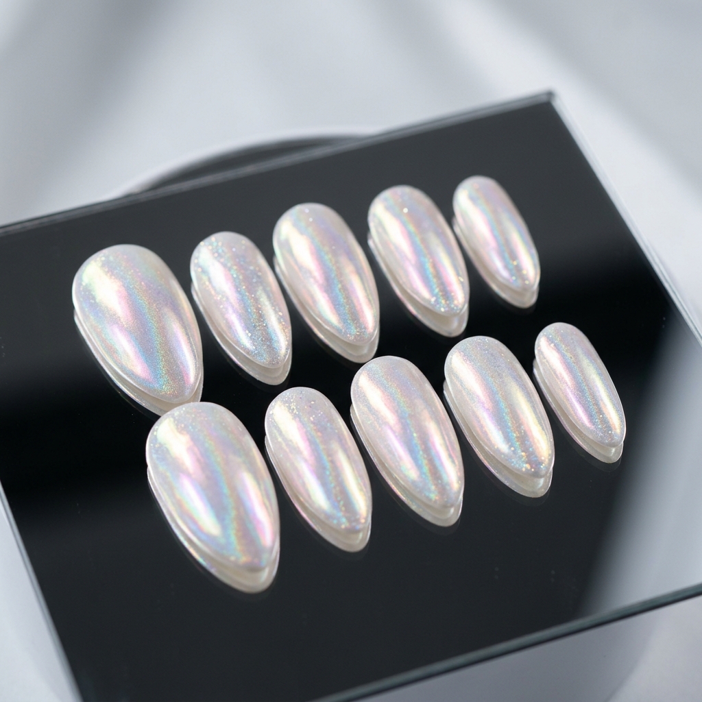Aurora Pearl press-on nail set in almond shape