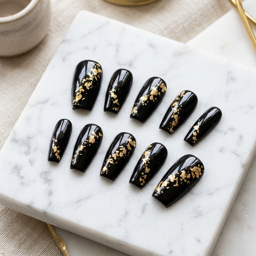 Midnight Gold Foil press-on nail set in coffin shape