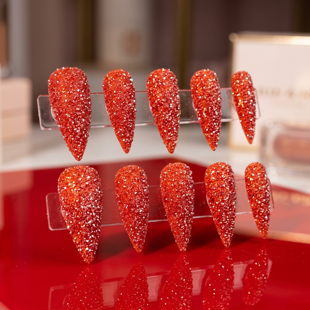 Red Sugar Crystal press-on nail set in stiletto shape