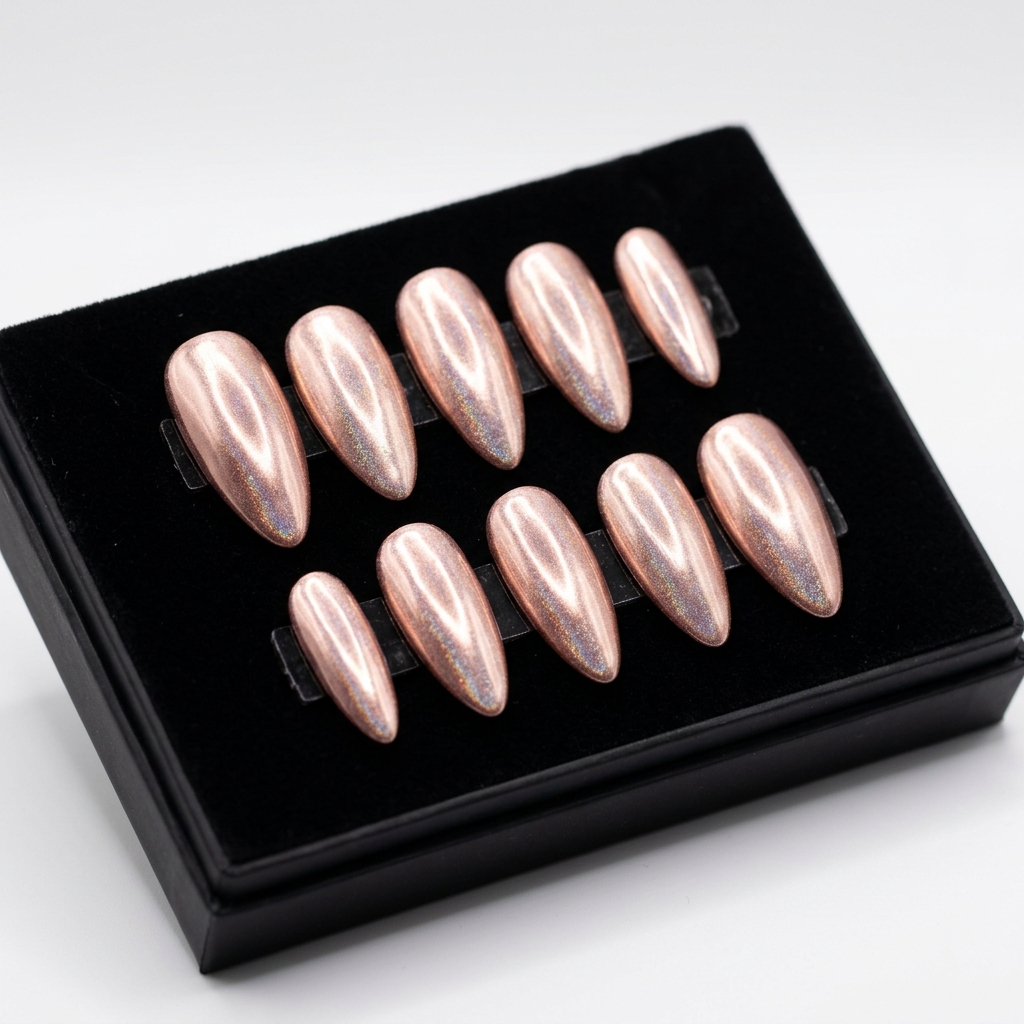 Rose Gold Chrome press-on nail set in almond shape
